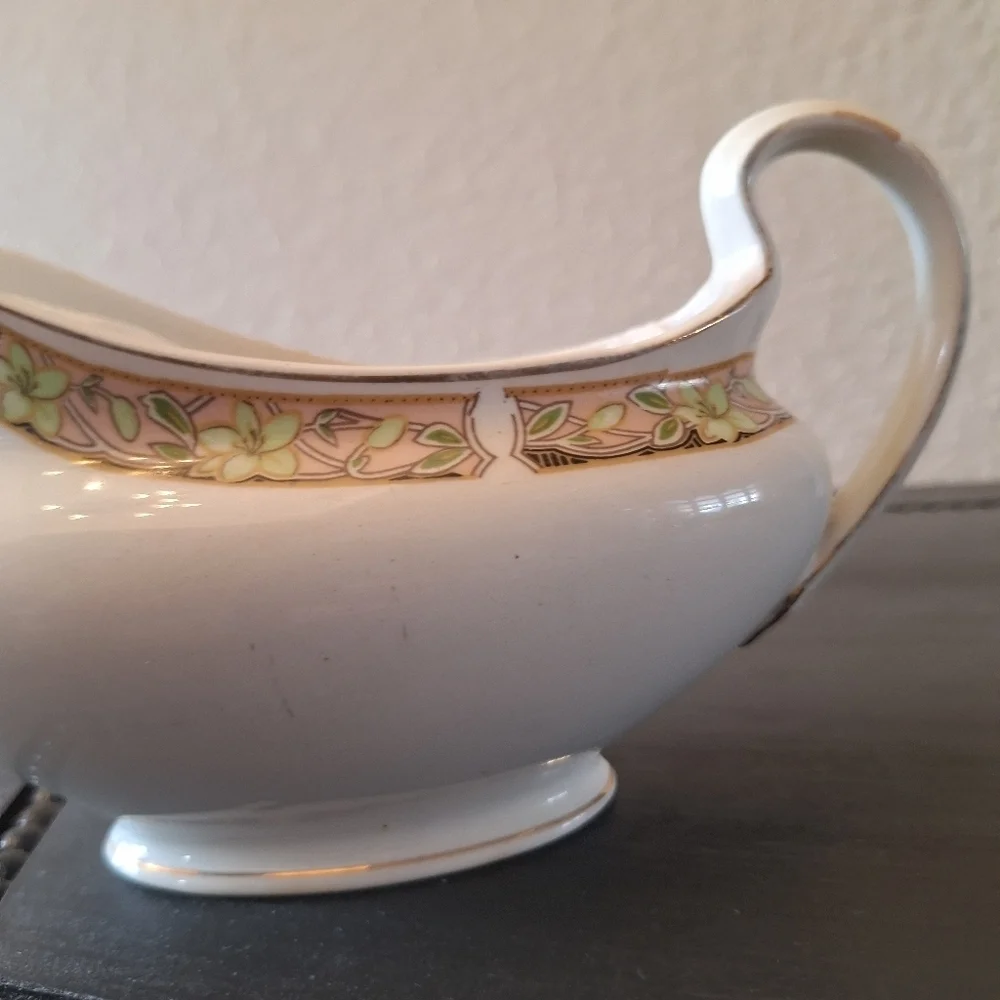 Vintage Johnson Bros England Floral Gravy Boat Pink Green Gold Trim Antique